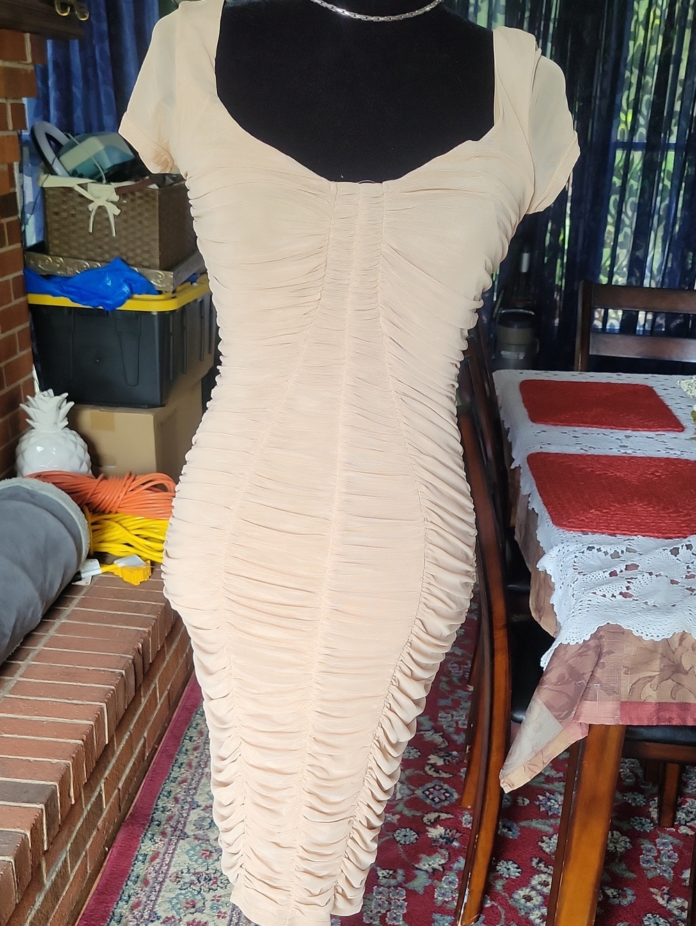 Fashion Nova Nude Ruched Midi Dress